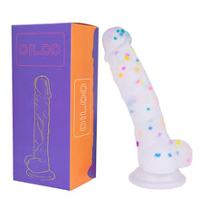 Load image into Gallery viewer, 7.1in Jelly Particles Rainbow Transparent Realistic Dildo With Suction Cup